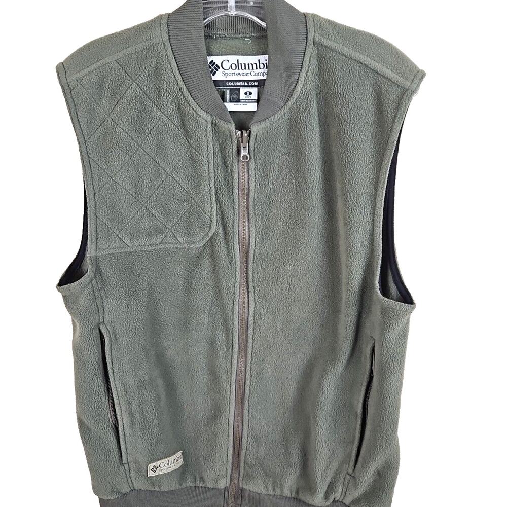 COLUMBIA Fleece Shooting Vest Men's S Olive Green Full Zip Logo Padded Shoulder